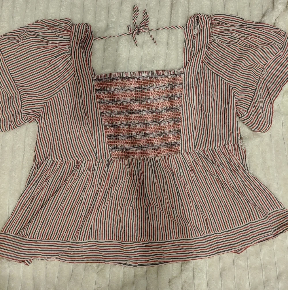 Linen Patriotic Flutter Sleeve Striped Smocked Babydoll Blouse - Picture 2 of 6